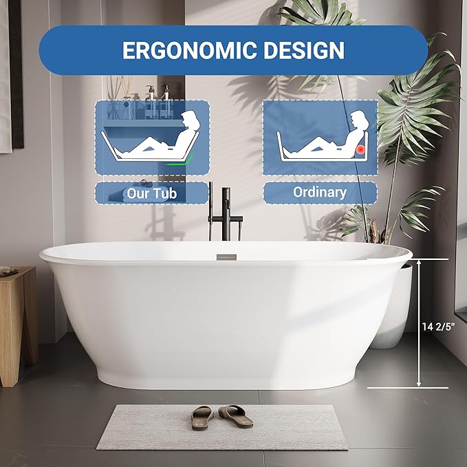 Freestanding Bathtub 67 Inch Oval Acrylic Soaker Tub – Glossy White Flared-Edge Free Standing Bathtub with Chrome Drain & Overflow