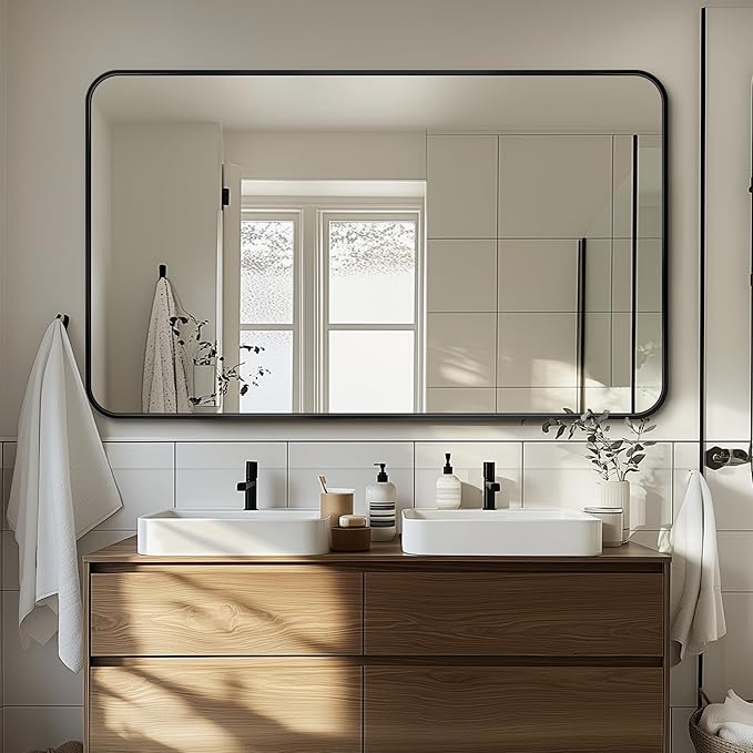 Antok Bathroom Mirror,50"x30" Wall Mirror, Decorative Mirrors Vanity Mirror Aluminum Alloy Frame Contemporary Hanging Mirror for Living Room Bathroom Entryway,Black,Round Corner