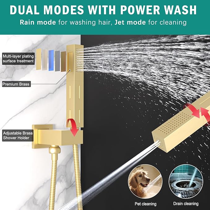 ENGA Shower Faucet Set, Dual Head Shower System 10" & 6" Square Rain Shower Heads with 2 in 1 Handheld Spray, 3 Way Water Diverter, Brushed Gold
