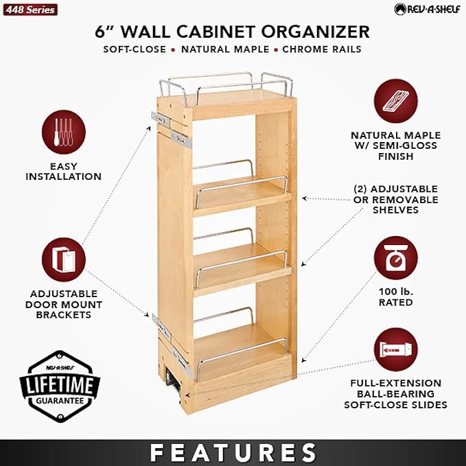 Rev-A-Shelf 6" Pull Out Shelf Organizer for Kitchen and Bathroom Cabinets, Wooden Slide Out Spice or Medicine Rack w/Soft-Close, 448-BBSCWC-6C