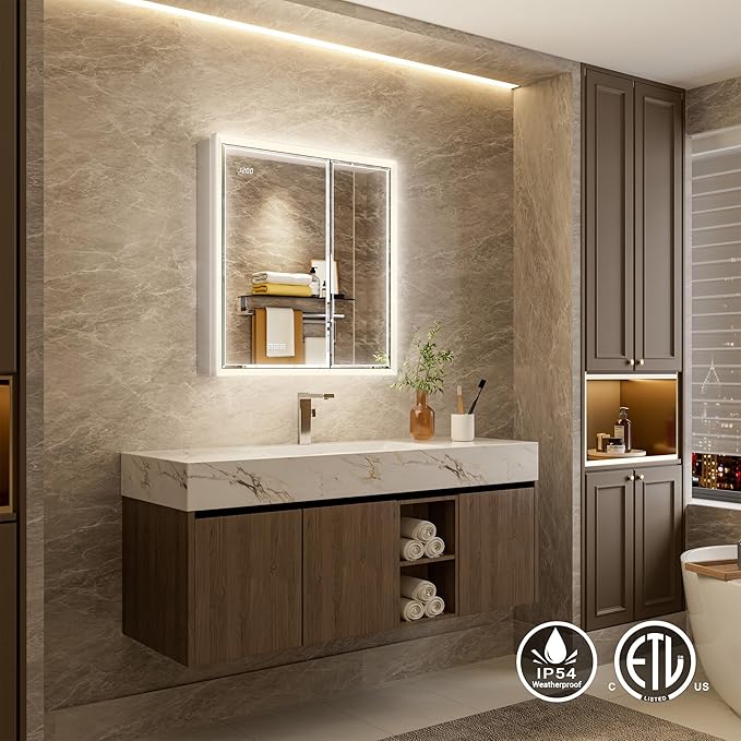 30x32 Beveled Lighted Medicine Cabinet with Mirror & Lights, Surface or Recessed Mirrored Medicine Cabinet with Outlet & Clock, Anti-Fog Dimmable LED Storage Cabinet, Built-in Sensor Light