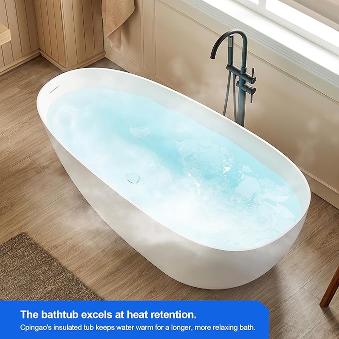 Cpingao 55" Stone Resin Freestanding Bathtub Contemporary Soaking Matte White Tub with Drain and Overflow, 8848-1400