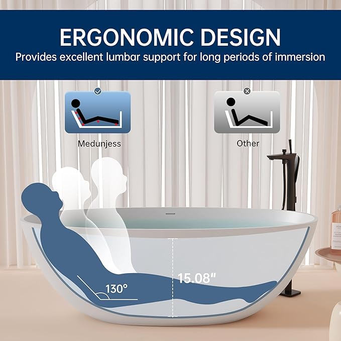 65'' Freestanding Bathtub Resin Stone Soaking Freestanding Tubs Matte Solid Surface Flatbottom Tub with Overflow and Pop-up Drain - White…