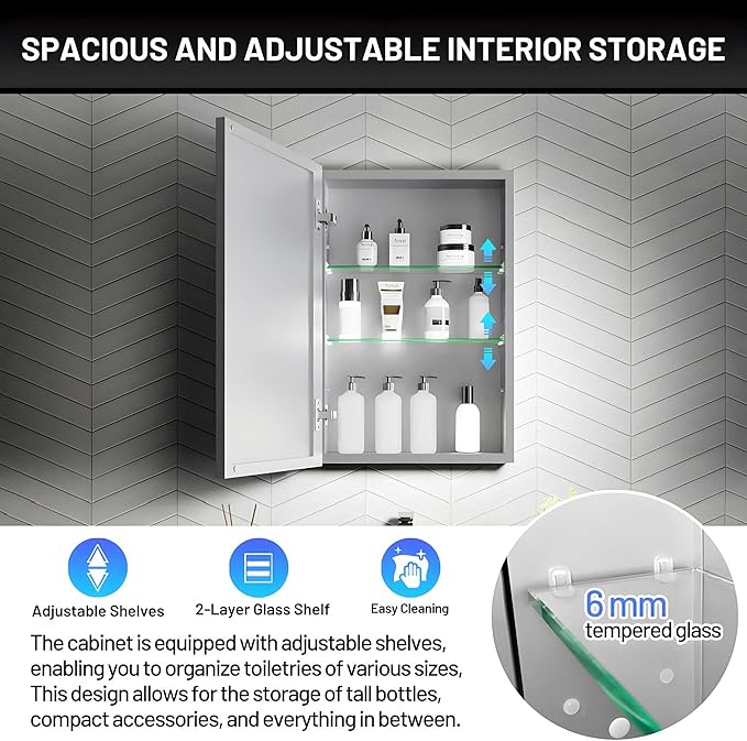 16 x 24 Medicine Cabinet Mirror for Bathroom,Assembly Required,Aluminum Alloy Frame,Recessed/Surface Mounted,Reversible L/R Door,Adjustable Shelves,Bathroom Medicine Cabinet with Mirror