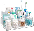 Vtopmart 5 PCS Bathroom Countertop Organizer, 1 Divided Tray with 4 Qtip Holder Jars, Restroom Clear Organizers for Toothbrush, Cotton Pads Balls, Floss, Bathroom Vanity Accessories Storage Set