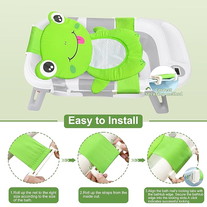 Baby Bath Seat Support Net, Quick Drying, Adjustable, Comfortable, Non-Slip, Infant Bathtub Sling Shower Mesh for a Tub, Soft Newborn Bath Mat (Green Frog)