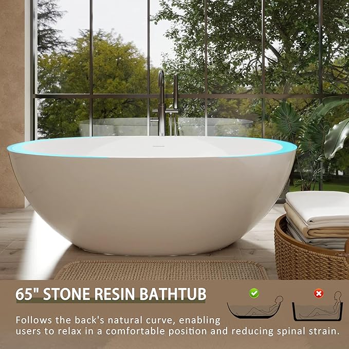 Abruzzo 65" Glossy White Freestanding Solid Surface Bathtub, Luxury Handcrafted Stone Resin Freestanding Soaking Bathtub with Overflow and Pop-up Drain