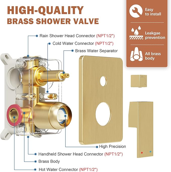 Shower System, Gold Shower Faucet Set with 12-Inch Rain Showerhead and Handheld Spray, Wall Mounted High-Pressure Showerhead Combo Set Included Valve and Trim, Brushed Gold