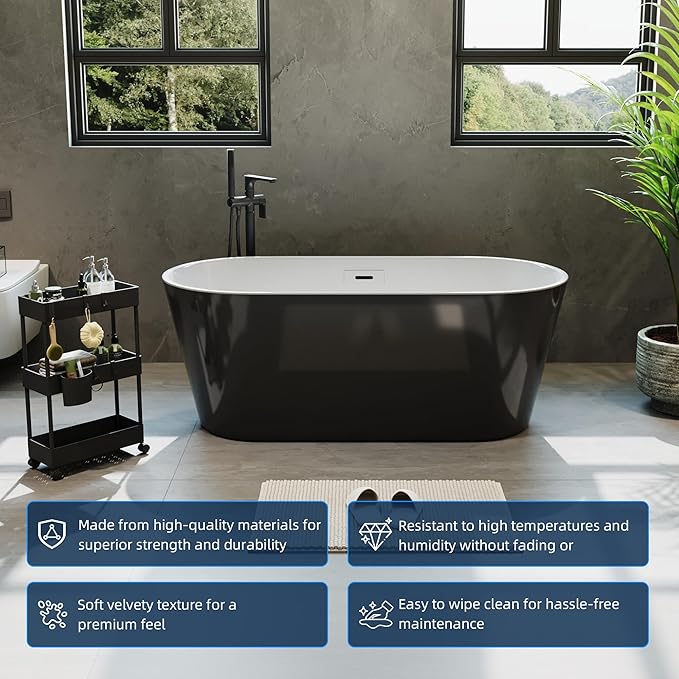 59 Inch Freestanding Bathtub, Acrylic Soaking Bathtub with Chrome Drain and Overflow, Standalone Ergonomic Tub for Bathroom Relaxation, Deep Design for Family and Guest Use, White+Black