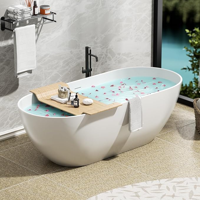 Abruzzo 63" Freestanding Bathtub Solid Surface - Oval Stone Resin Soaking Tub with Overflow & Pop-Up Drain, cUPC Certified Matte White, Heavy Duty for Modern Bathroom