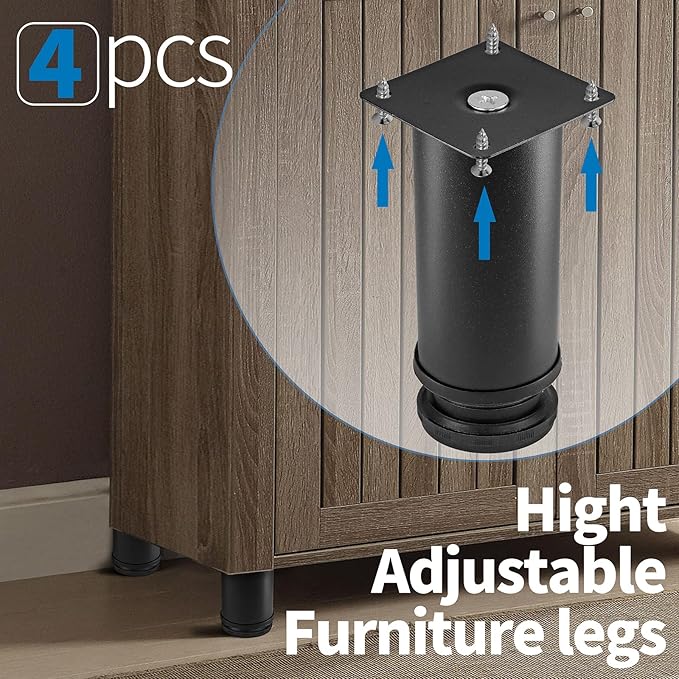 5 Inch Metal Furniture Legs Stainless Steel Adjustable Legs Black Metal Legs Round Cabinet Legs for Coffee Table Cabinet Desk Sofa Shelves, Pack of 4