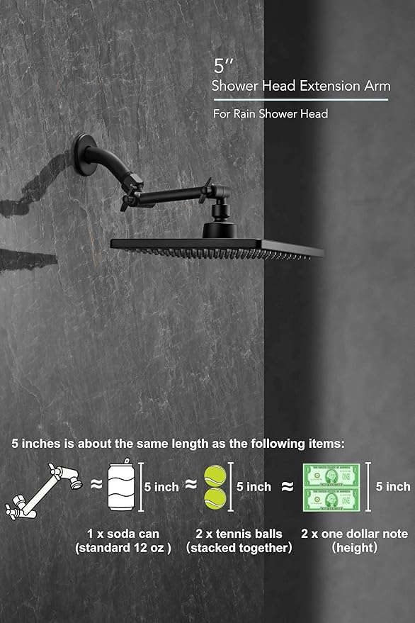 5 Inch Adjustable Shower Head Extension Arm With Locking Set Screw, Singing Rain Brass Matte Black Angle Height Adjustable, Easy To Install, G1/2 Universal Connector Compatible (Matte Black Finish)