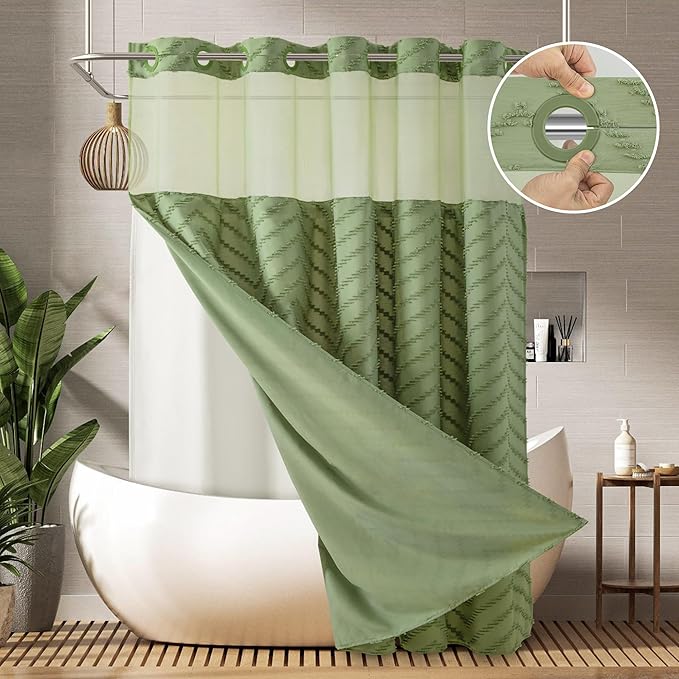 Extra Long No Hooks Shower Curtains, 98 Inches Long Boho Tufted Chevron Striped Fabric Shower Curtain for Bathroom with Snap in Liner, Water Resistant Cloth Shower Curtain Set, Sage Green, 72x98