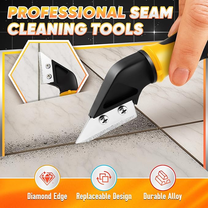 DIYSELF Caulking Tool, 4 in 1 Caulk Remover Tool for Bathroom, Bathtub, Grout, Shower, Tile, Window, Razor Scraper Tool for Cleaning, Silicone Caulk Removal Tool (Yellow)
