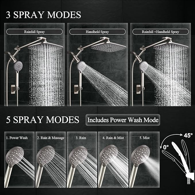 Veken 11.8" Rain Shower Head with Handheld, High Pressure Handheld Shower Heads with Multi Spray Modes,Rainfall Combo with 15" Metal Extension Arm,Detachable Dual Shower,Long 6 ft. Hose,Brushed Nickel
