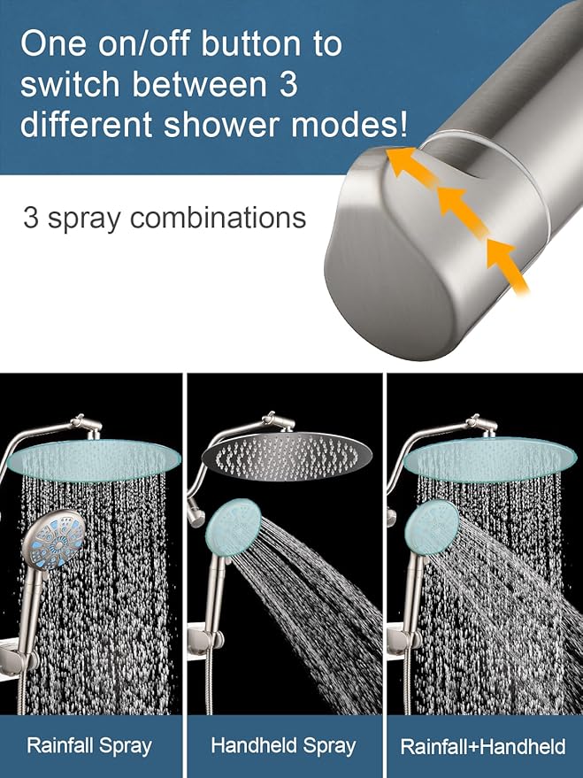 Cobbe 12 Inch All Metal Rain Shower Head, Dual Shower Heads with Handheld Spray Combo - Upgrade Extension Arm Height Adjustable - 9 Spray Filtered Shower Head, Brushed Nickel