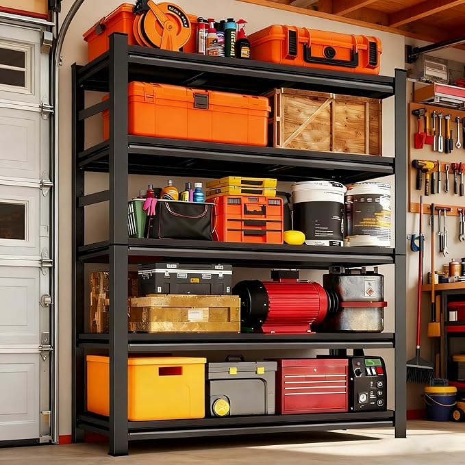 Garage Metal Shelving Unit, Heavy Duty Storage Shelf, 5-Tier Adjustable Racks for Garage, Industrial Shelves for Organization, Black