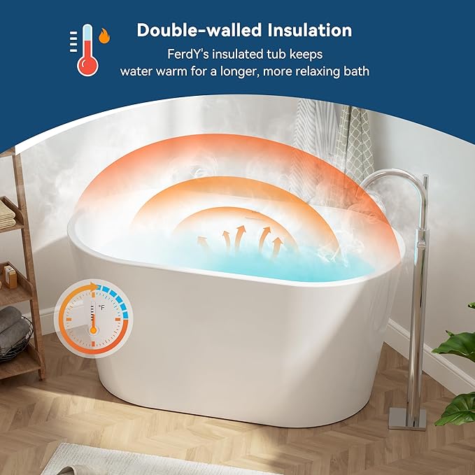 FerdY Shangri-La 47" Acrylic Freestanding Bathtub, Small Classic Oval Shape Acrylic Soaking Bathtub with White Drain & Minimalist Linear Design Overflow, Modern White, cUPC Certified