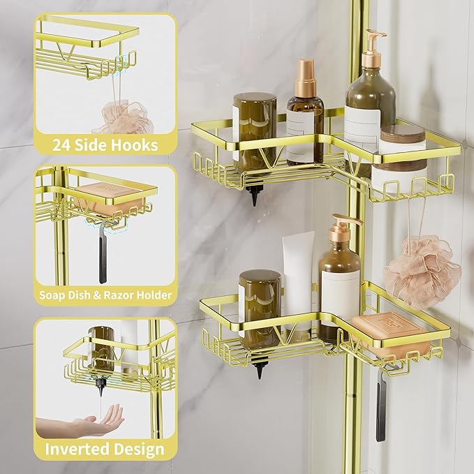 KEGII Corner Gold Shower Caddy Tension Pole - 4-Tier Rustproof Shower Rod Organizer, Floor to Ceiling Tension Rod 25-114.2 inch, Stainless Steel Corner Shower Shelf, Waterproof
