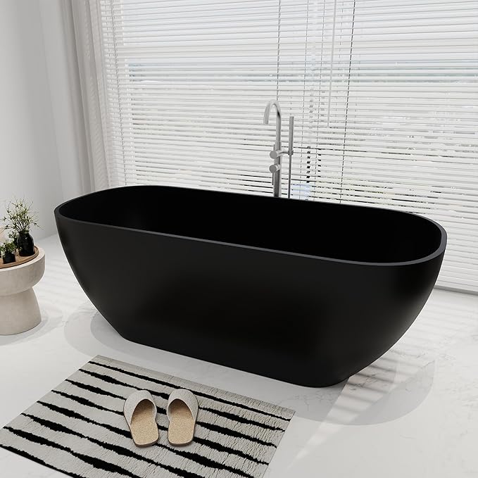 SJ STAR&JANE 67" Solid Surface Freestanding Bathtub Oval Stone Resin Soaking Tub Modern Stand Alone Tub with Overflow & Pop-up Drain, Matte Black for Bathrooms