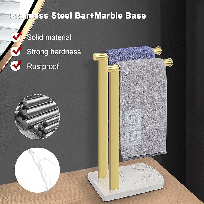 NearMoon Hand Towel Holder with Balanced Marble Base, SUS304 Stainless Steel Stand Towel Ring L Shape Hand Towel Rack Free-Standing Towel Bar for Bathroom Kitchen Countertop (Double Rod, Brushed Gold)