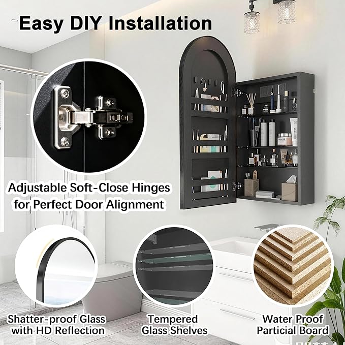 FKWin Black Mirror with Medicine Cabinet and Power Outlet, Easy to Install Bathroom Wall Cabinet for Left or Right Opening, not Recessed, Ample Mirror for Bathroom for Homeowner, Black, 20x34 inch