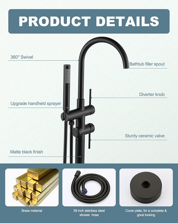 Freestanding Bathtub Faucet Matte Black: Floor Mount Tub Filler, High Flow Brass Shower Faucets with Handheld Sprayer for Bathroom