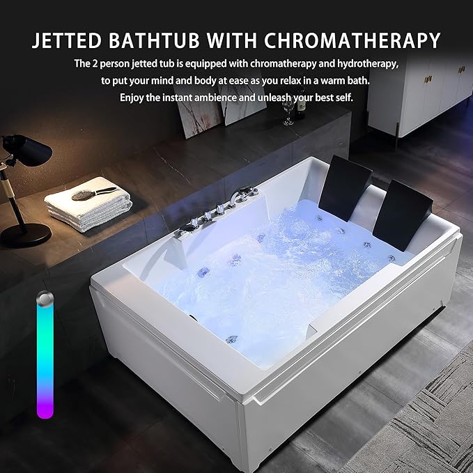 Empava 1125W Whirlpool Tub,72" x 48" Jetted Bathtub for 2 Person, Hydro Massage & Chromatherapy,ETL Certified,3 Sided Apron,Acrylic ,110 Gallons,Left Drain