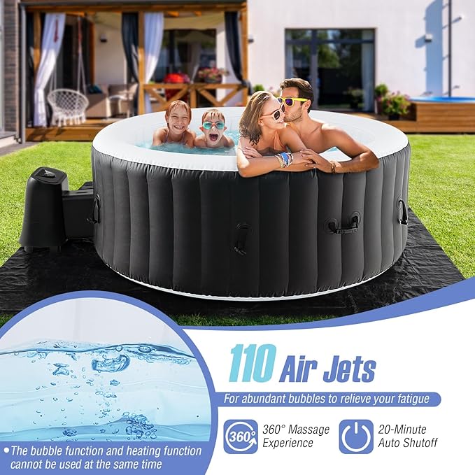 Goplus Inflatable Hot Tub, 2-4 Person Blowup Pool Hottub w/110 Air Jets, Heater Pump, Filter Cartridges, Insulated Cover, Ground Cloth, Portable Outdoor Water SPA (70’’ Round, 2-4 Person)