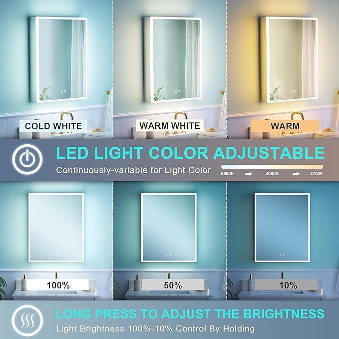 WELLFOR 24" X 30" Medicine Cabinet With Lights, 3X Magnification, Anti-Fog Mirrored Cabinet, Bathroom Vanity With Outlets & USB Ports, Left Opening Door