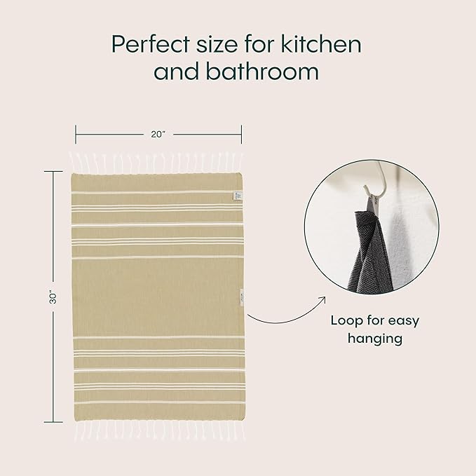 WETCAT Turkish Hand Towels with Hanging Loop, Set of 2 (20" x 30") 100% Turkish Cotton, Pre-Washed, Quick Drying, for Kitchen or Bathroom - Pale Olive Green