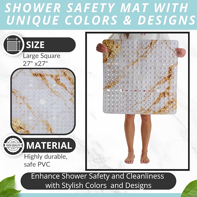 ENKOSI Square Shower Mat 27x27 inch - Anti Slip Shower Stall Floor Mat - Non Slip Shower Mats with Strong Secure Suction Cups and Drain Holes in Middle (27x27 Marble White Gold)