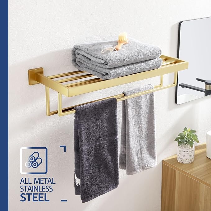 KOKOSIRI Towel Shelf Holder 20'' Bathroom Towel Rack with Two Bath Towel Bars Rails SUS304 Stainless Steel Wall Mount, Brushed Gold B6003BG-L20
