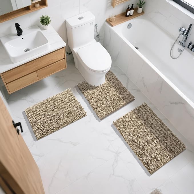 Yimobra Bathroom Rugs Non Slip Washable 24x17 Inch - Ultra Soft Absorbent Chenille Bath Mat, Quick Dry Shaggy Floor Carpet for Tub Shower, Camel Home Decor Accessories