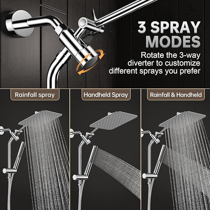 Veken 10'' All Metal Rain Shower Head with Handheld Spray Combo, Hand Held Bathroom Showerhead Combo with Extension Arm, Dual shower with Power Wash, Adjustable Rainfall Shower Head, Chrome