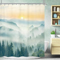 Riyidecor Misty Mountain Shower Curtain 60Wx72H Inch Green Spring Scenery Sunrise Foggy Smokey Tree Nature Pine Scenic Woodland Greenery Bathroom Decor Fabric Polyester Waterproof 12 Pack Hooks