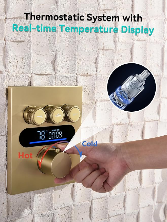 Lefton Shower System in Fahrenheit Display (Battery-free), 10” Overhead Shower Head with All-in-one Handheld Spray Showerhead and Bathtub Faucet, 4-in-1 Control System, SSWM2502 (Brushed Gold)