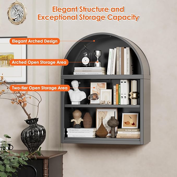 Metal Arched Wall Cabinet,Black Bathroom Wall Mounted Cupboard,Modern Arched Storage Cabinet with Adjustable Shelf,Space Saver Wall Cabinet,Requires Assembly