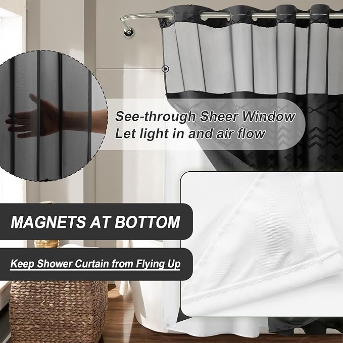 No Hooks Stall Shower Curtain with Snap in Liner- Water Repellent Tufted Chevron Striped Shower Curtains for Bath Tubs, Narrow Hotel Quality Bath Curtain Set, 36Wx74H, Black
