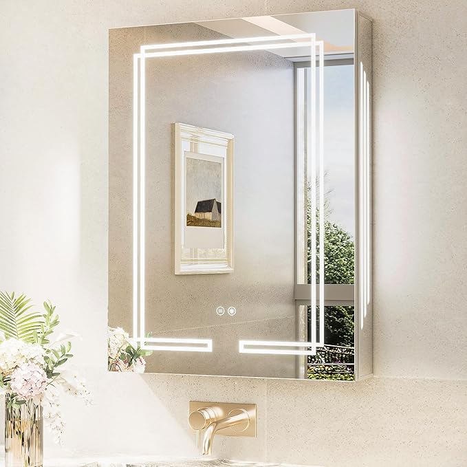 TokeShimi 24 x 32 Bathroom Mirror Medicine Cabinet with Light 3 Colors, Anti-Fog Tempered LED Mirror with Storage, Stepless Dimming CRI 80+, Memory Funtion, Wall Mirrored Cabinet for Bathroom Décor
