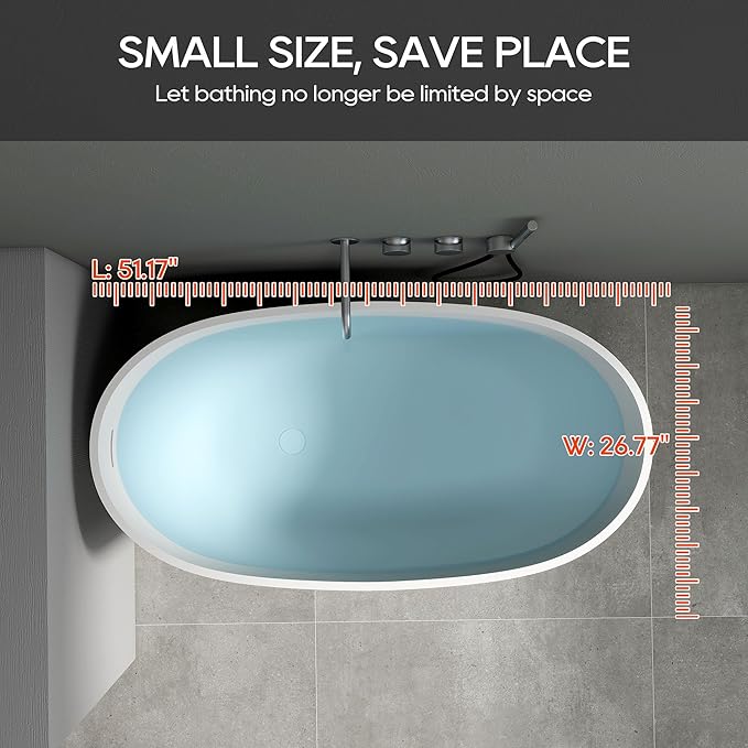 SJ STAR&JANE 51" Solid Surface Freestanding Bathtub, Stone Resin Oval Soaking Tub, Matte White，with Pop-up Drain & Overflow
