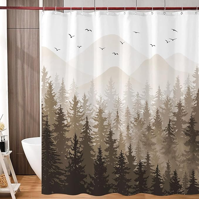 Aipon Brown Misty Forest Shower Curtain Ombre Nature Tree Plants Shower Curtains Fabric Waterproof Mountain Shower Curtain Sets for Bathroom Bath Decor with 12 Hooks (Brown, 72'' × 78'')