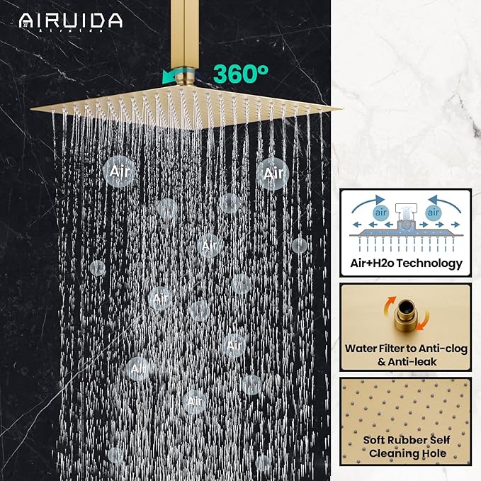 Airuida Shower Faucet Set and Handle Set Single Function Shower Trim Kit Ceiling Mount Rainfall Shower System with Male Threads and Rough-in Valve 12 Inch Square Shower Head Brushed Gold