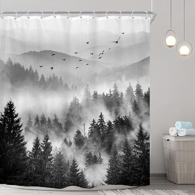 Riyidecor Extra Long Black and White Shower Curtain 72Wx84H Inch Misty Nature Mountain Tree Foggy Scene Alpine Natural Botanical View Pine Wood Bathroom Decor Fabric Polyester Waterproof 12 Pack Hooks
