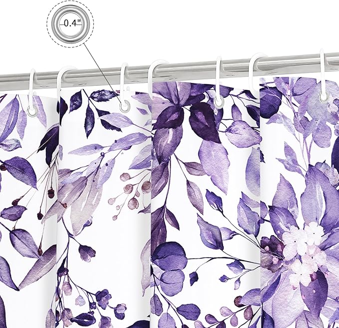 Gibelle Small Stall Shower Curtain 36 x 72, Narrow Purple Floral Shower Curtain for Bathroom, Watercolor Plant Eucalyptus Leaves Fabric Shower Curtain Set