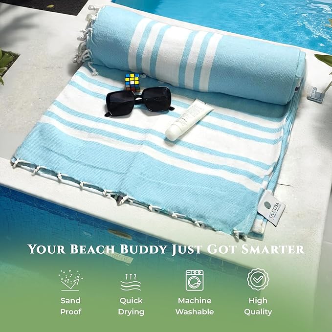 Turkish Cotton Beach Towel Pack of 6 & 1 Boho Tote Bag - Hammam Towels - No Shrink - Quick Dry - Lightweight - Sand Free - Camping - Pool - Blue,Gray,Purple, Coral,Green,Navy (40"x70")