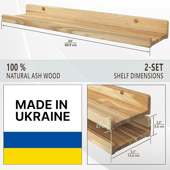 Floating Shelves for Wall 24 inch, Waterproof, Wall Storage Shelves with Lip, Display Picture Ledge Shelf for Living Room Photo Frame, Natural Wood Hanging Book Shelves (Natural, Set 2)