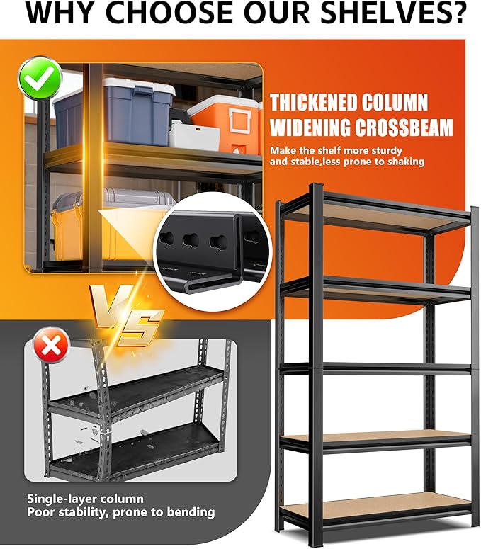 Set of 3 Garage Shelving 5-Tier Heavy Duty Storage Shelves, Adjustable Metal Shelving Unit, Utility Garage Organizer Shelf for Basement, Pantry, Kitchen, Warehouse,15.7" D x 35.4" W x 71.2" H