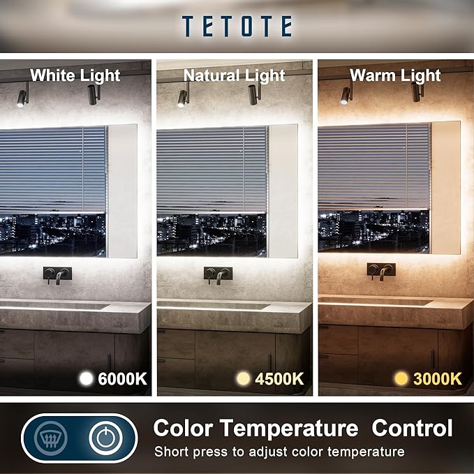 TETOTE 24 x 36 Inch LED Backlit Bathroom Mirror with Lights, 3Color White/Warm/Natural, Anti-Fog Lighted Mirror,Dimmable,Vanity Mirror,Wall Mounted