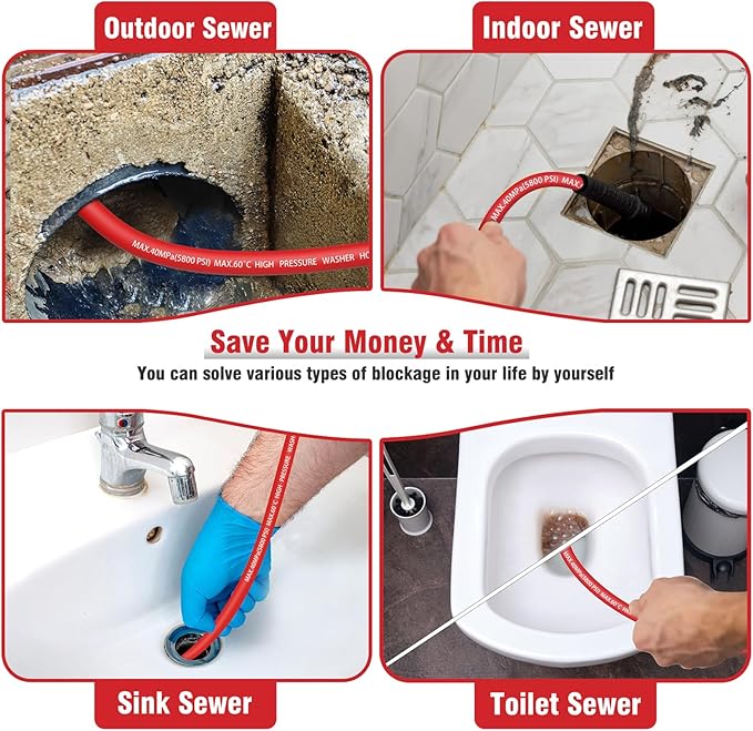 Sewer Jetter Kit 150FT for Pressure Washer, 5800 PSI Drain Cleaner Hose 1/4 Inch NPT with Spray Nozzle, Button Nose and Rotating Sewer Jetting Nozzle, Spanner Teflon Tape Pearl Corsage Pin